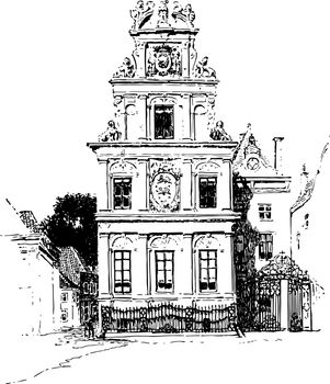 Front View of the Town Hall in the city of Dutch vintage line drawing or engraving illustration.