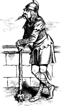 A soldier leaning on mace, vintage line drawing or engraving illustration