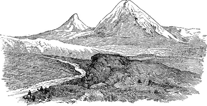 Mount Ararat which is a dormant volcanic cone in Turkey and is approximately 25 miles in diameter, vintage line drawing or engraving illustration.