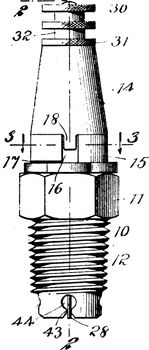 Spark Plug is electrical device that fits into the cylinder head of an internal combustion engine and ignites the gas by means of an electric spark, vintage line drawing or engraving illustration.
