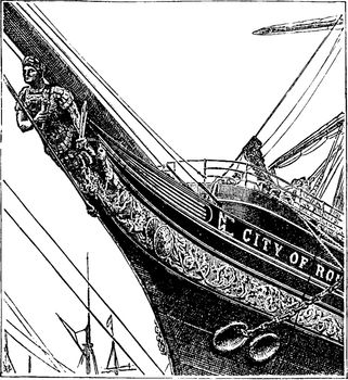 Figurehead of Ship is an ornamental figure as a statue or bust on the projecting part of the head of a ship, vintage line drawing or engraving illustration.