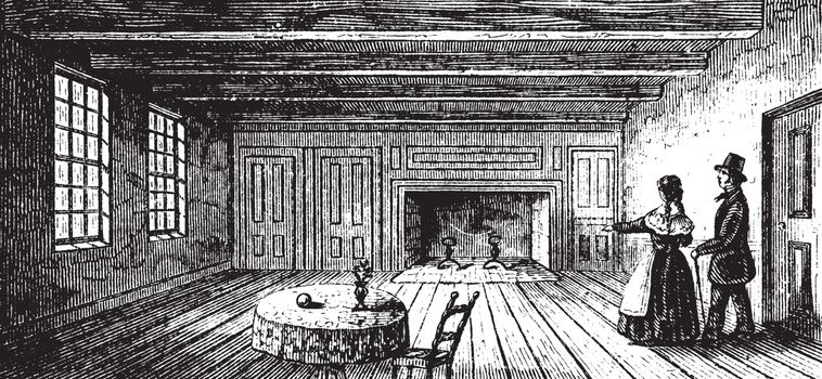 The Breakfast Room in the Robinson House in which Benedict Arnold was having breakfast ,vintage line drawing or engraving illustration