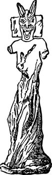 This image shows the ancient idol. Idol has a longer ear and are found in Korsabad, vintage line drawing or engraving illustration.