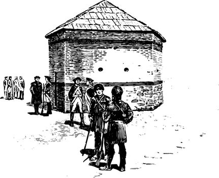 Fort Pitt was opened in 1761  by British colonists during the Seven Years' War at the confluence of the Monongahela and Allegheny rivers vintage line drawing.