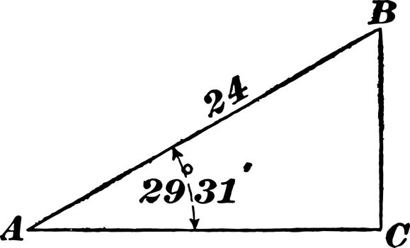 The image shows the right triangle ACB together with its sides and triangle. Using any two sides we can calculate the third lateral length according to the Pythagorean Theorem, vintage line drawing or engraving illustration.