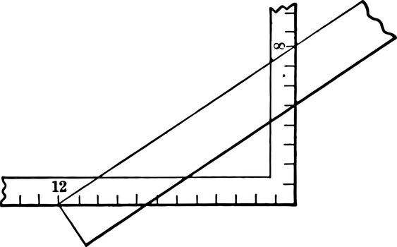 This is an image of rulers arranged perpendicularly with a diagonal rectangle touching 12 on horizontal axis and 8 on vertical axis, vintage line drawing or engraving illustration.