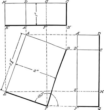 The image shows the projection of a rectangular prism whose base forms an angle of 160  with the horizontal, vintage line drawing or engraving illustration.