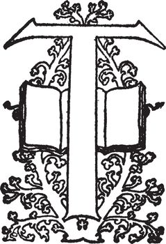 A decorative capital letter T with books behind it, vintage line drawing or engraving illustration