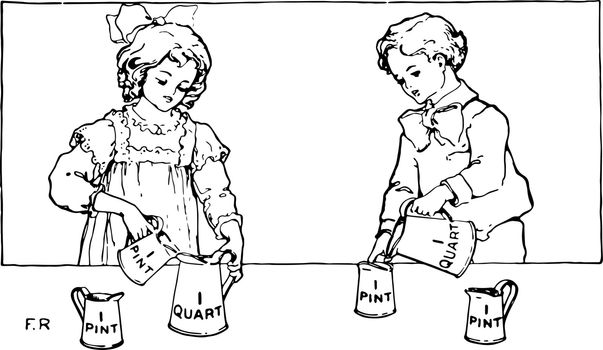 This picture is showing two children measuring the liquids in pints and quarts, vintage line drawing or engraving illustration.