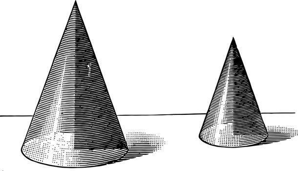 Image of two identical cones in favor of a new system, vintage line drawing or engraving illustration.