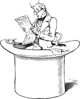 A tiny man sitting in hat and reading newspaper, vintage line drawing or engraving illustration