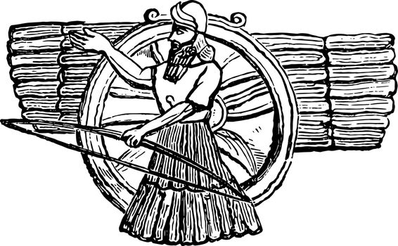 The image shows the ancient idol Nisroch. There are humans along with a bow and an arrow and there is a wheel on its back, vintage line drawing or engraving illustration.