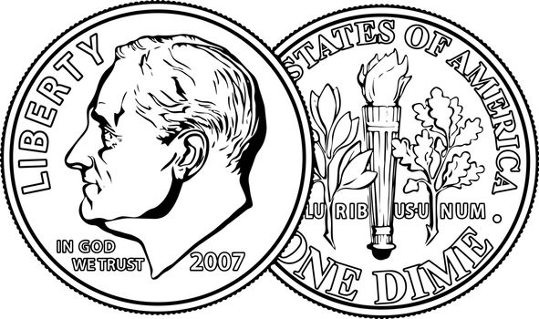 The picture is showing dime. The dime is the physically small coin in currency. The flower and torch designated on the reverse side of coin, vintage line drawing or engraving illustration.