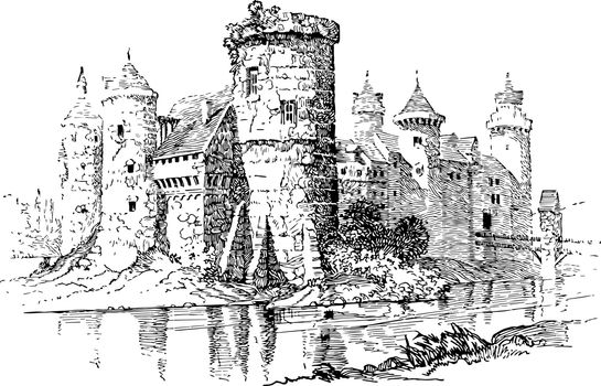 This fort was founded in 1283 by Edward. That is the most influential of the medieval castles in the United Kingdom, vintage line drawing or engraving illustration.