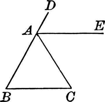 An image showing an isosceles triangle. In this triangle the exterior angle shown, vintage line drawing or engraving illustration.