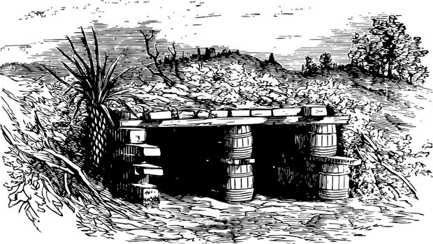 This image represents Bomb and Splinter Proof of Fort Wagner, vintage line drawing or engraving illustration.