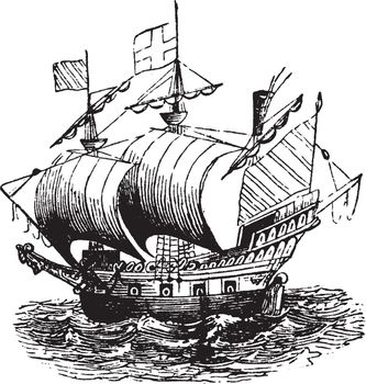 Ralegh Ship was one of thirteen ships that the Continental Congress authorized for the Continental Navy in 1775, vintage line drawing or engraving illustration.