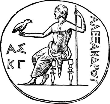 An image of Jupiter with the inscription Alexander, suggesting that Alexander the Great was worshiped as a deity in Ascalon, vintage line drawing or engraving illustration.