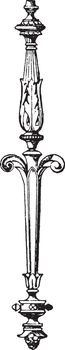Modern Railing Post is a design made out of cast-metal, stainless cable and hardwood Building Materials Department, vintage line drawing or engraving illustration.