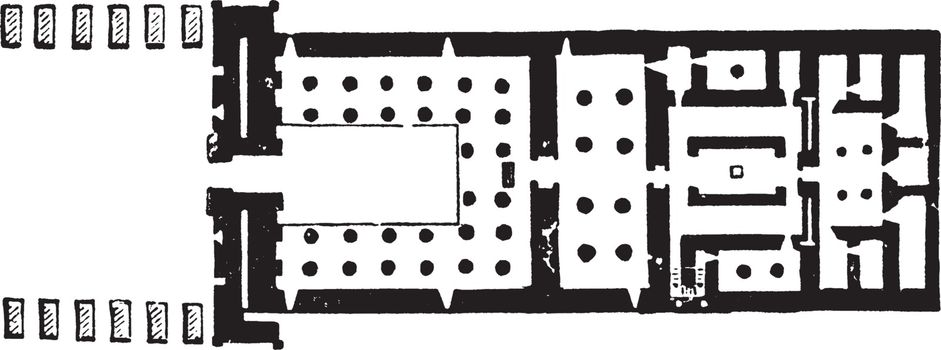 Floor Plan of the Temple of Khonsu is an example of an almost complete New Kingdom temple, this temple is at the end of the avenue of syphinxes, vintage line drawing or engraving.