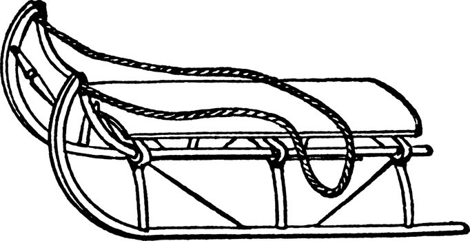 A sledge having a seat and a rope which has to be used for pulling it manually, vintage line drawing or engraving illustration.