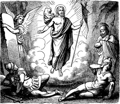 This picture shows the resurrection of Jesus when an angel removed the stone away from the entrance of the tomb, vintage line drawing or engraving illustration.