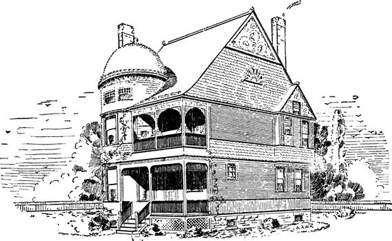The Bay Ridge, apartment buildings, Stick Victorian Style house, dome, Intricate wooden, vintage line drawing or engraving illustration.