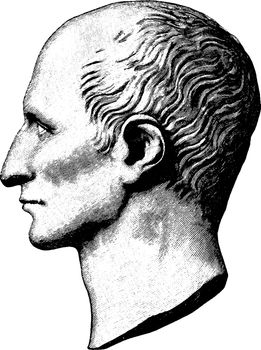 Gaius Iulius Caesar, 100 BC-44 BC, he was a Roman politician and general who played a critical role in the events that led to the demise of the roman republic and the rise of the Roman Empire, vintage line drawing or engraving illustration