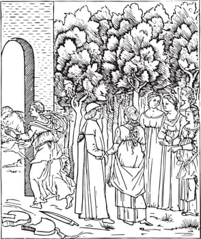 Poliphilo in the Garden are one of the first printed books by Aldus Manutius, vintage line drawing or engraving illustration.