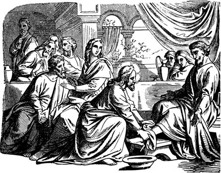 Jesus washed the feet of His twelve disciples at His last supper before the crucifixion, vintage line drawing or engraving illustration.