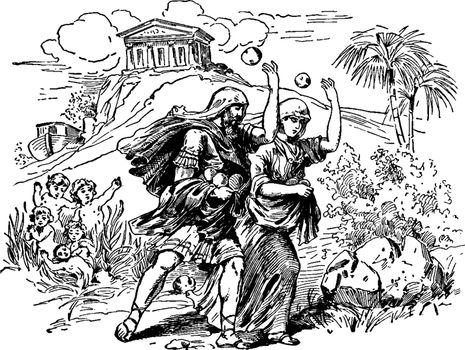 In this image is Deucalion and his wife Pyrrha, are of the race of in Prometheus, vintage line drawing or engraving illustration.