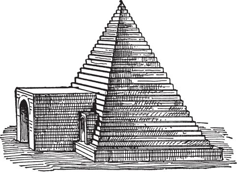 Tomb at Abydos, structural, pyramidal,  most venerated, abydos tomb pyramid, ancient egyptian architecture, burial ground, vintage line drawing or engraving illustration.