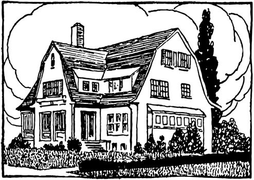 The image shows the three story building, which has many vines on the walls.  The building has wooden picket fencing. One can see that the Dog is playing in the curtilage, vintage line drawing or engraving illustration.