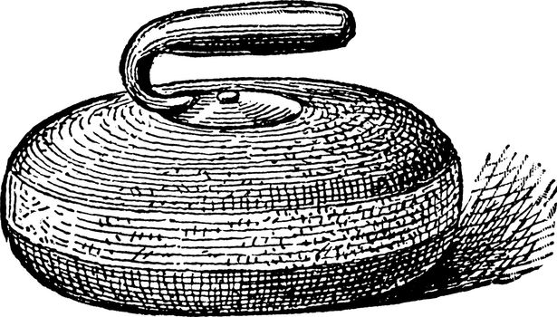 A stone used in the game of curling. It has a handle which causes the stone to turn in circular direction, vintage line drawing or engraving illustration.