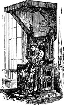 This is A Bishop Sitting on a Bishop's Throne Called a Cathedra. This is the big & historical throne of Bishop, vintage line drawing or engraving illustration.