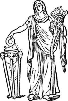 An ancient picture of Vesta, A distinguished divinity of Rome, considered as the goddess of fire and hearth, vintage line drawing or engraving illustration.