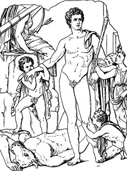 An ancient picture of Theseus standing over the body of the Minotaur, vintage line drawing or engraving illustration.