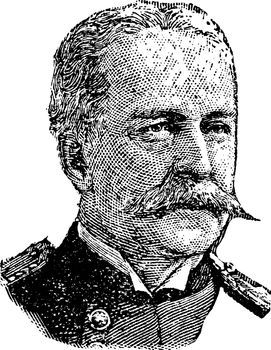 Nelson Miles, 1839-1925, he was an American soldier and general who served in the American civil war, vintage line drawing or engraving illustration