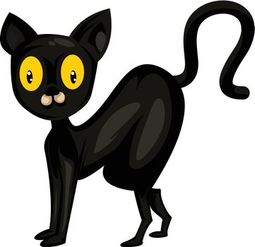 Black cat with big yellow eyes vector illustration on white background.