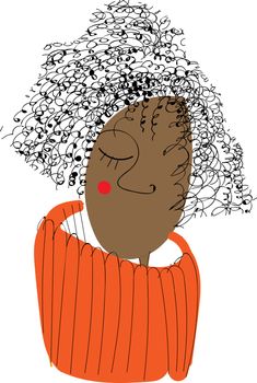 A curly brown girl with red cheek and an orange sweater, vector, color drawing or illustration.