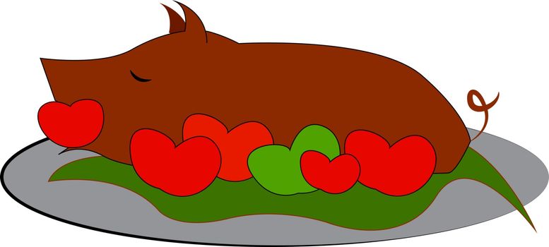 Fully roasted brown pig with tomatoes, vector, color drawing or illustration.
