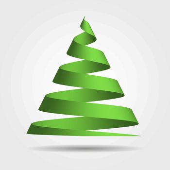 Simple green ribbon in a shape of Christmas tree. Merry Christmas theme. 3D vector illustration with dropped shadow and gradient background.