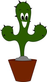 Smiling cactus in a pot, illustration, vector on white background.