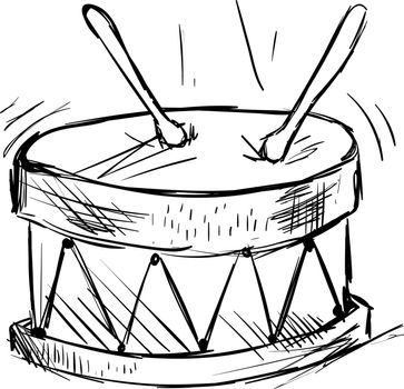 Drum drawing, illustration, vector on white background.