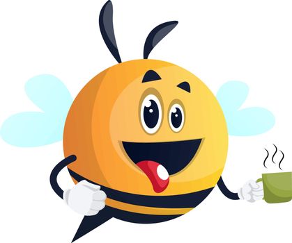 Bee holding a cup, bee holding a cup of coffee, be holding a cup of tea, illustration, vector on white background.