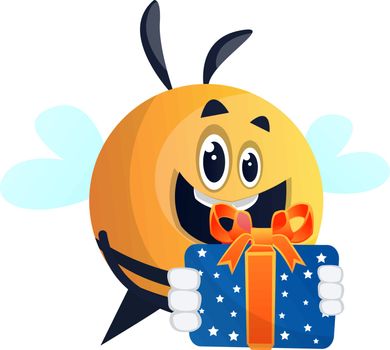 Happy bee with a present, illustration, vector on white background.