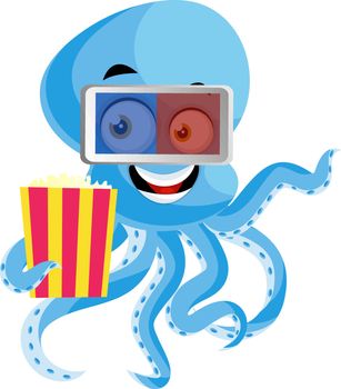 Octopus with popcorn, illustration, vector on white background.