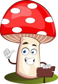 Mushroom with sign, illustration, vector on white background.