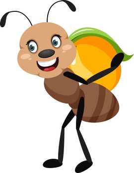 Ant with peach, illustration, vector on white background.
