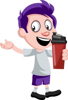 Boy with thermos, illustration, vector on white background.